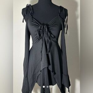 🆕 FairyCore Gothic Black Long Sleeve Asymmetrical Dress with Tie Details